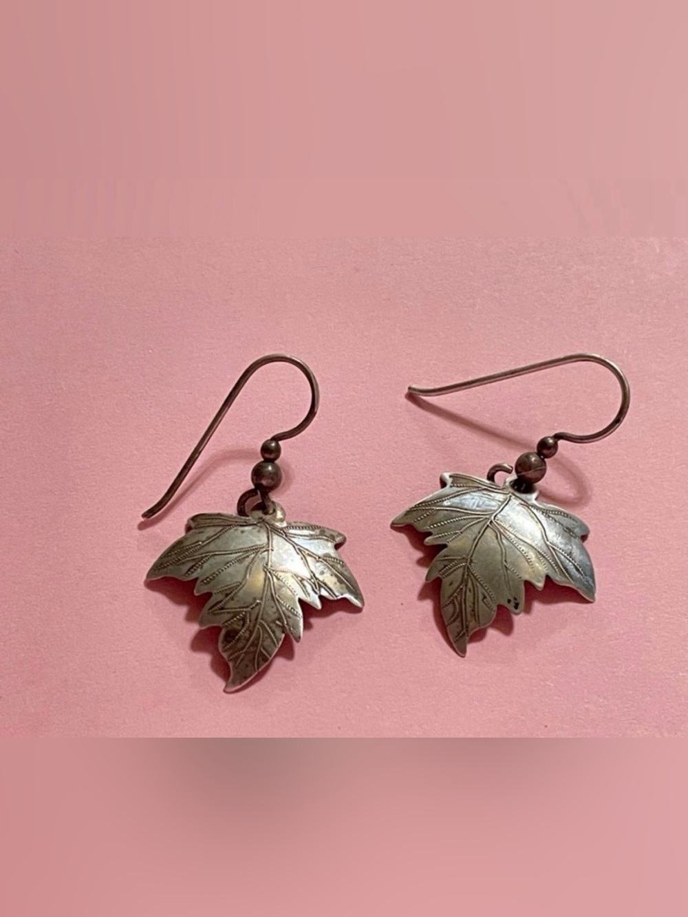 Vintage Signed Sterling Silver Pierced Leaf Earrings #7237